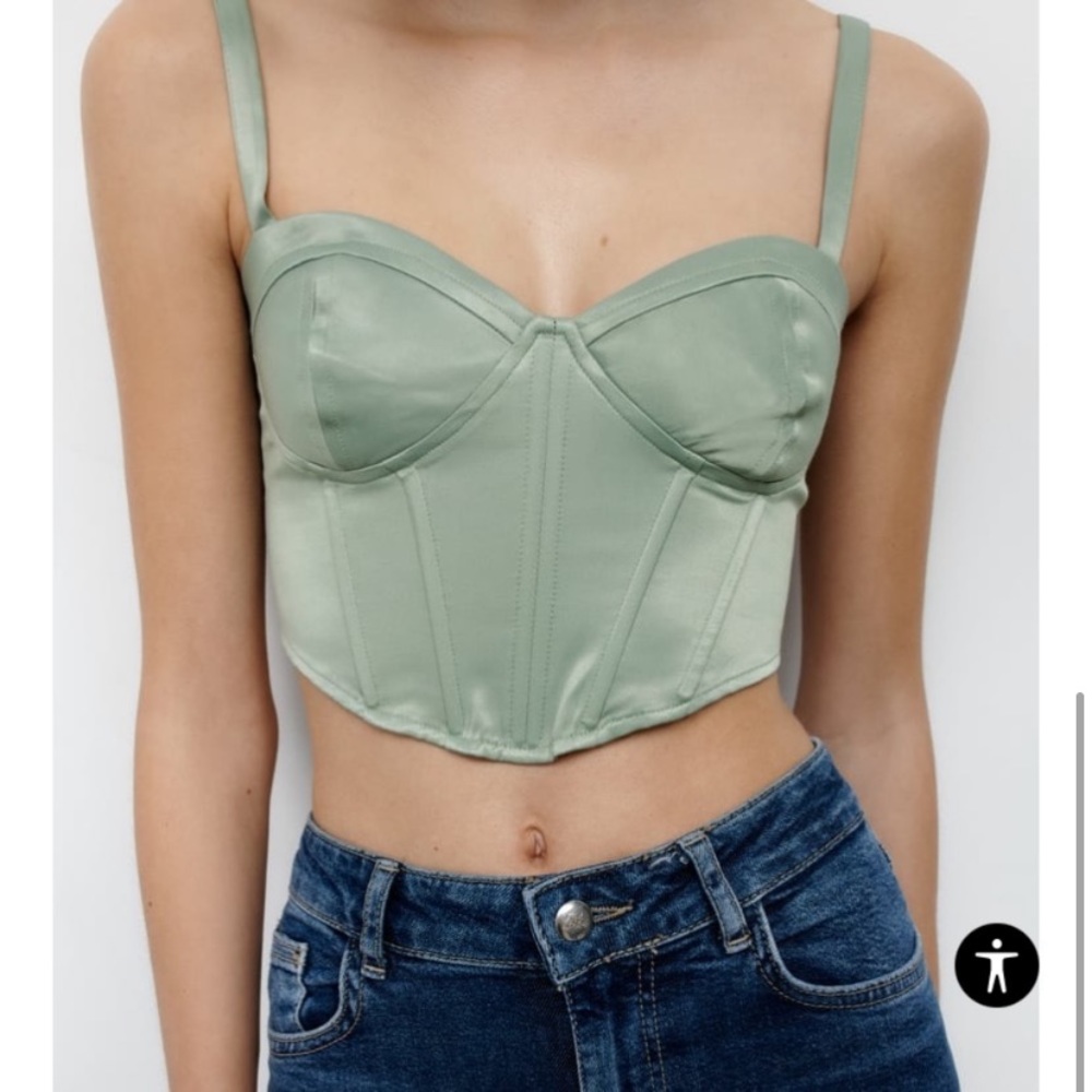 ZARA SATIN EFFECT CORSET TOP TANK SEA FOAM LIGHT SAGE GREEN SMALL 7484/055
